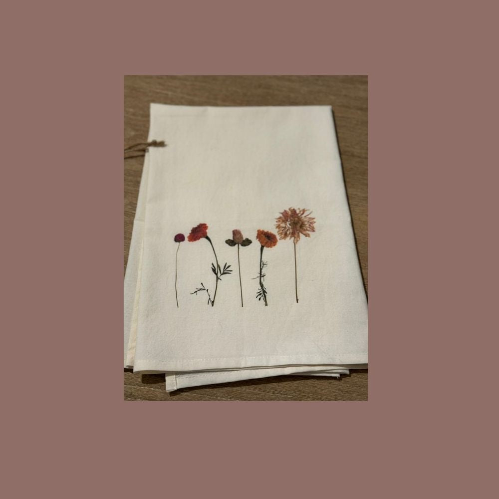 White Flour Sack Tea Towel 27"x27" with Late Spring Flower Print