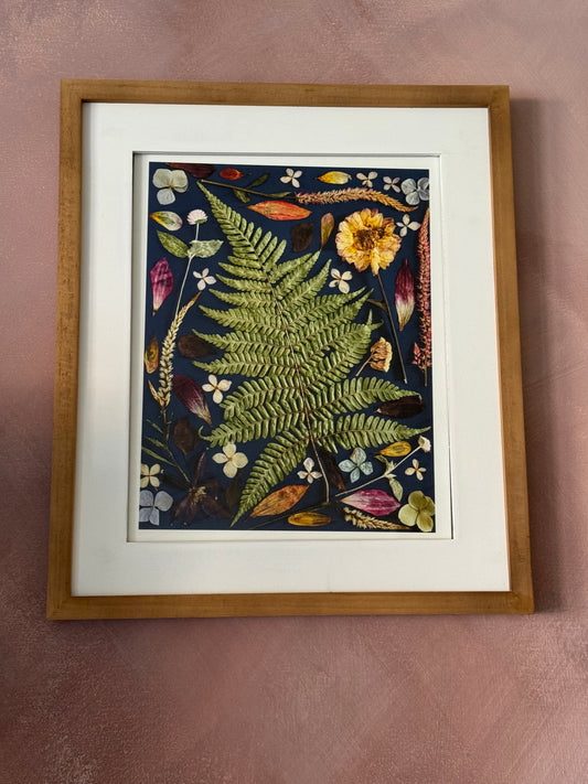 Summer Flower Collage with Fern in Wood Frame